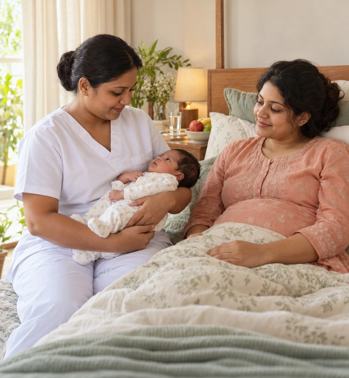Caregiver supporting a new mother and baby at home
